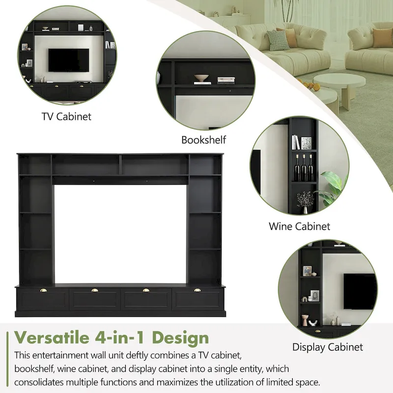 104.2 Wall Unit with TV Stand, Bookshelves, and Cabinets – Black