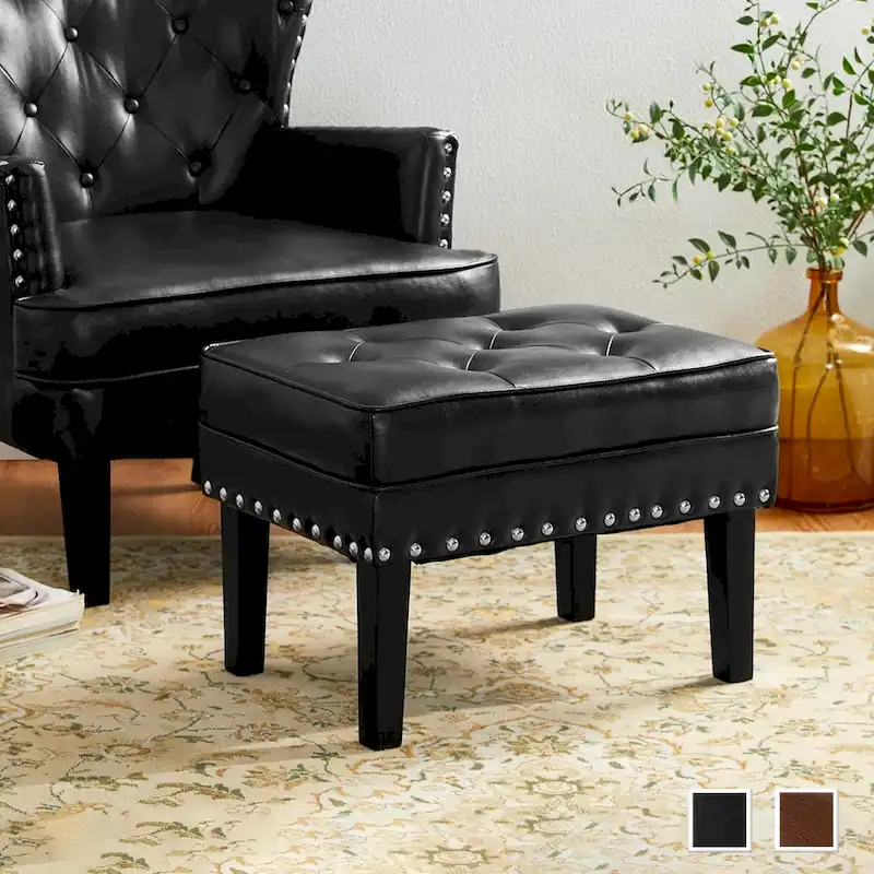22W Mid-Century PU Leather Tufted Ottoman Foot Stool