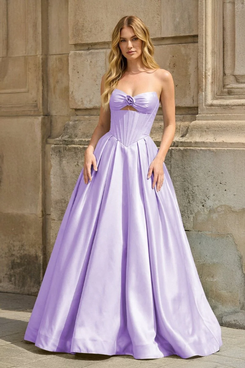 Pink Strapless A Line Pleated Satin Long Prom Dresses With Flower