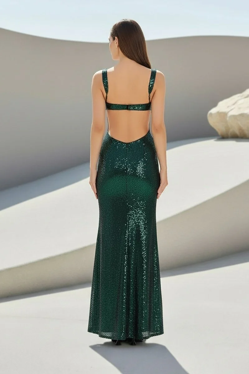 Dark Green Scoop Neck Mermaid Sequins Long Prom Dresses With Cutout