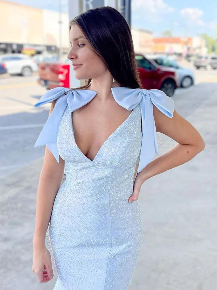 Sky Blue V Neck Mermaid Satin Long Prom Dress With Bow