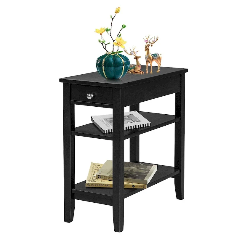Space-Saving Side End Table with Drawer and 2-Tier Open Storage Shelves