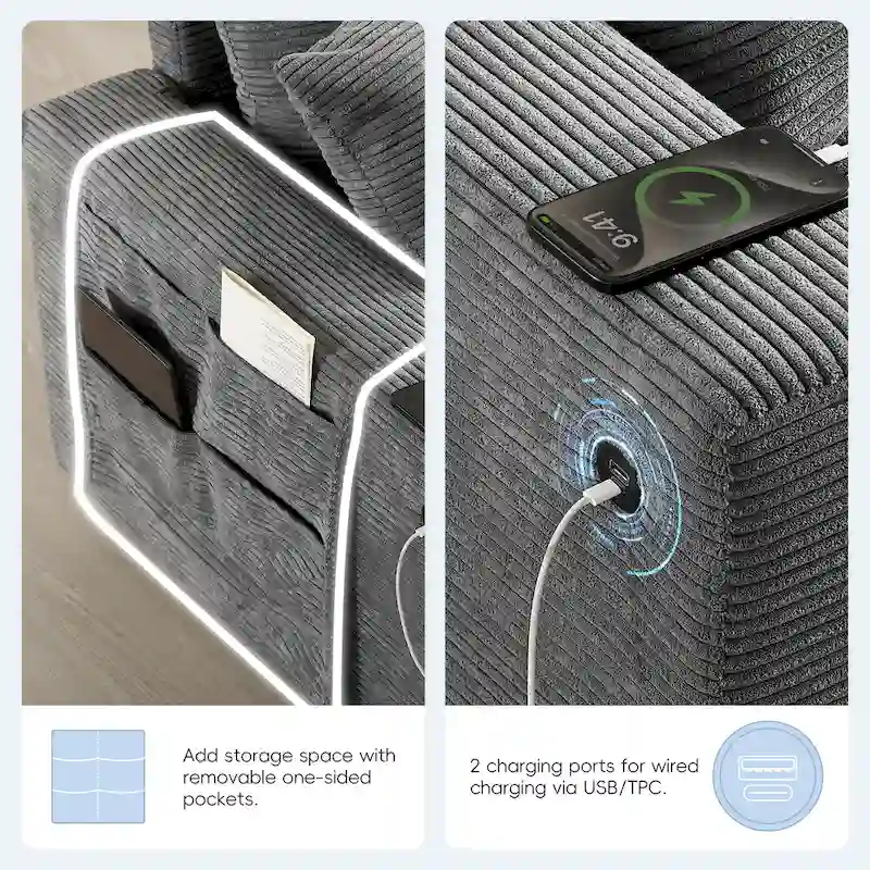 U Shaped Chenille Sofa w/Ottoman,Console,Cup Holder,Wide Seat,USB