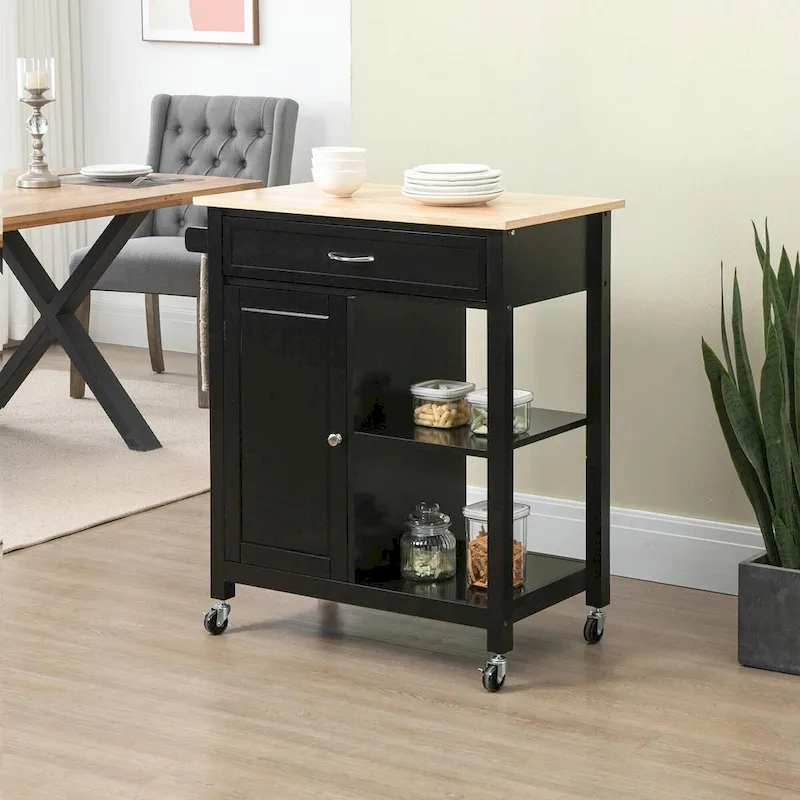 Rolling Kitchen Island Cart with Solid Wood Top and Drawer
