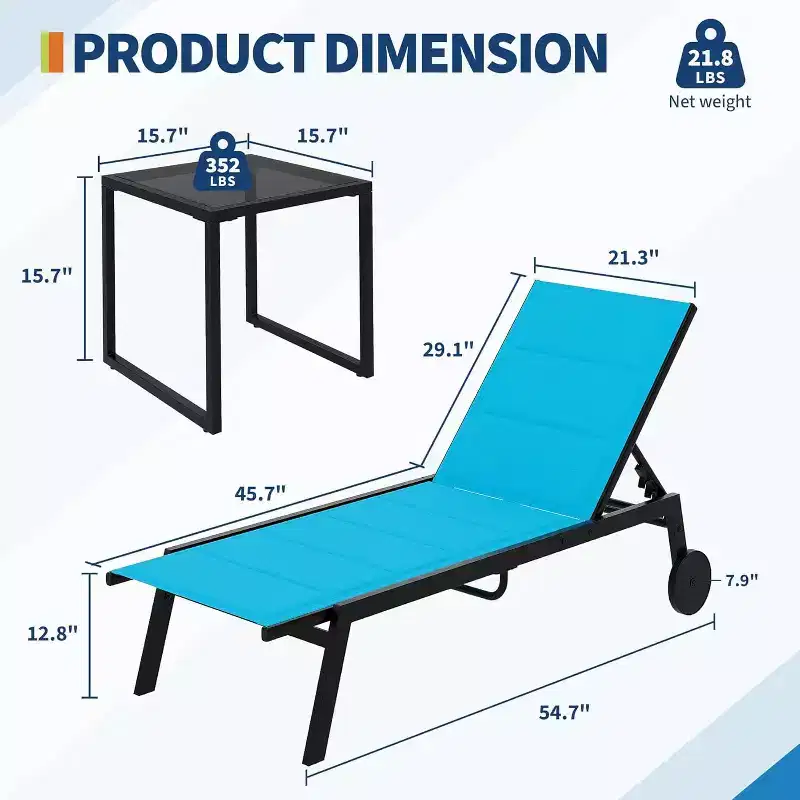 Set of 2 Outdoor Chaise Lounge Chairs with Wheels & Side Table, 5-Position Adjustable Patio Recliner, Heavy Duty Pool Lounger for Beach & Backyard