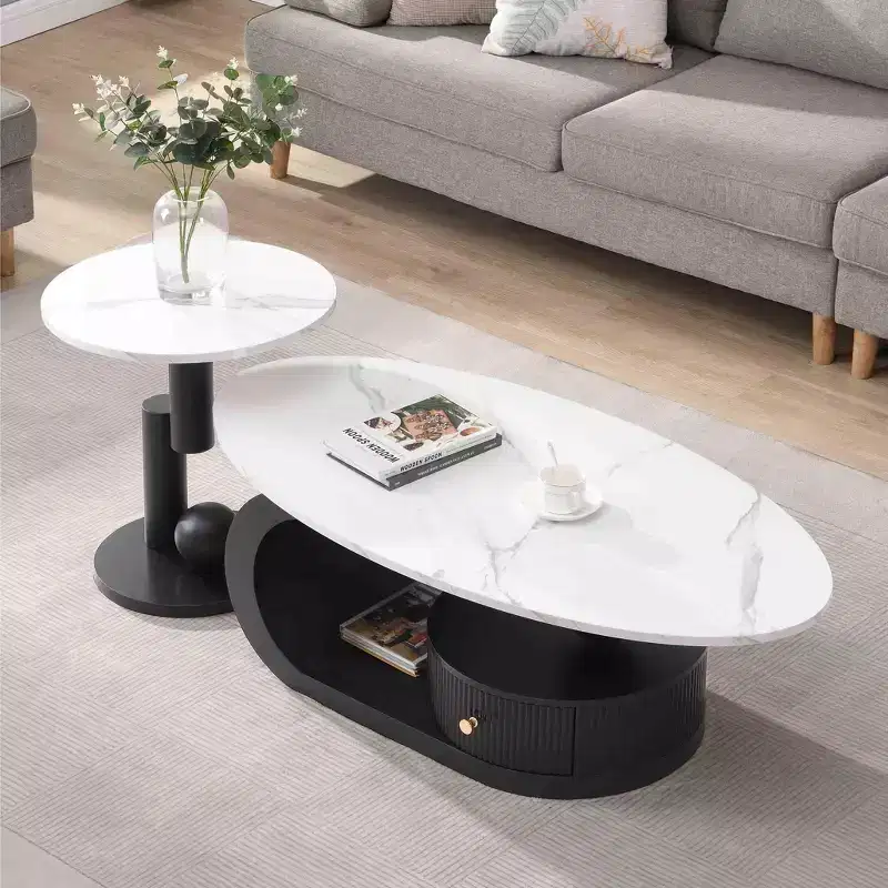 TUYOHW Modern Nesting Coffee Table Set of 2,Oval Coffee Table for Living Room,Round End Table Set with Drawer,Storage Cocktail Table,Black/White