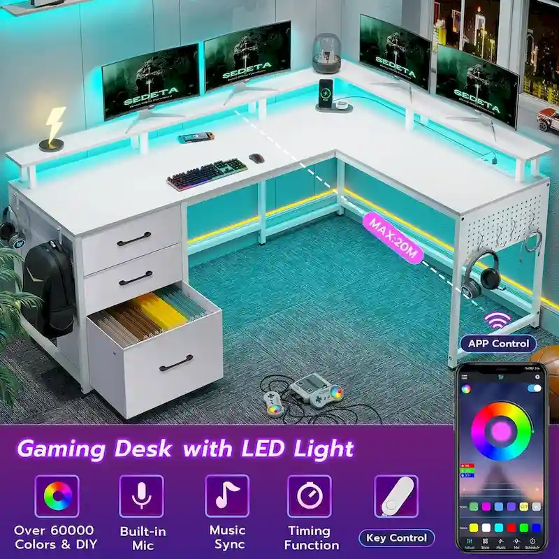 63.8 L Shaped Desk, Reversible Computer Desk Gaming Desk