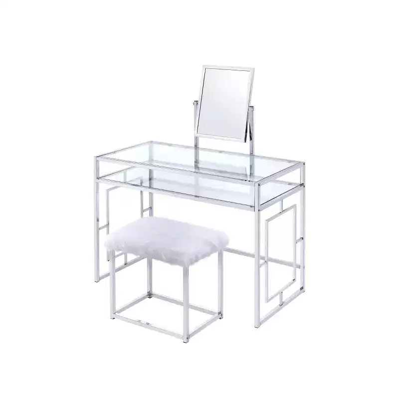 Acme Furniture Carenze Ii Vanity Table White Faux Fur/Chrome Finish