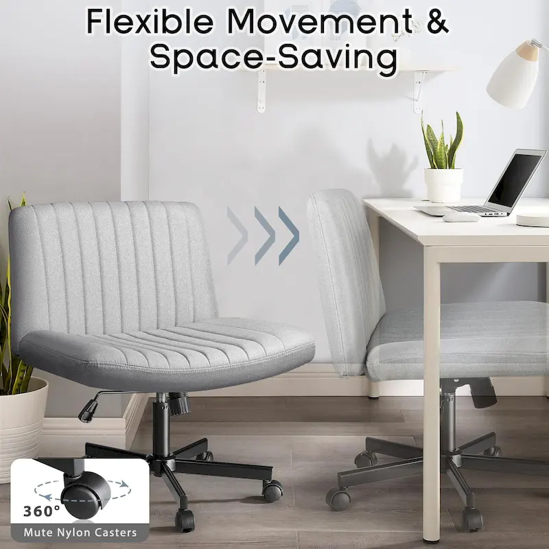 Bossin Criss Cross Chair Armless Office Desk Chair with Wheels,Fabric Padded Cross Legged Chair, Swivel Wide Seat Vanity Chair