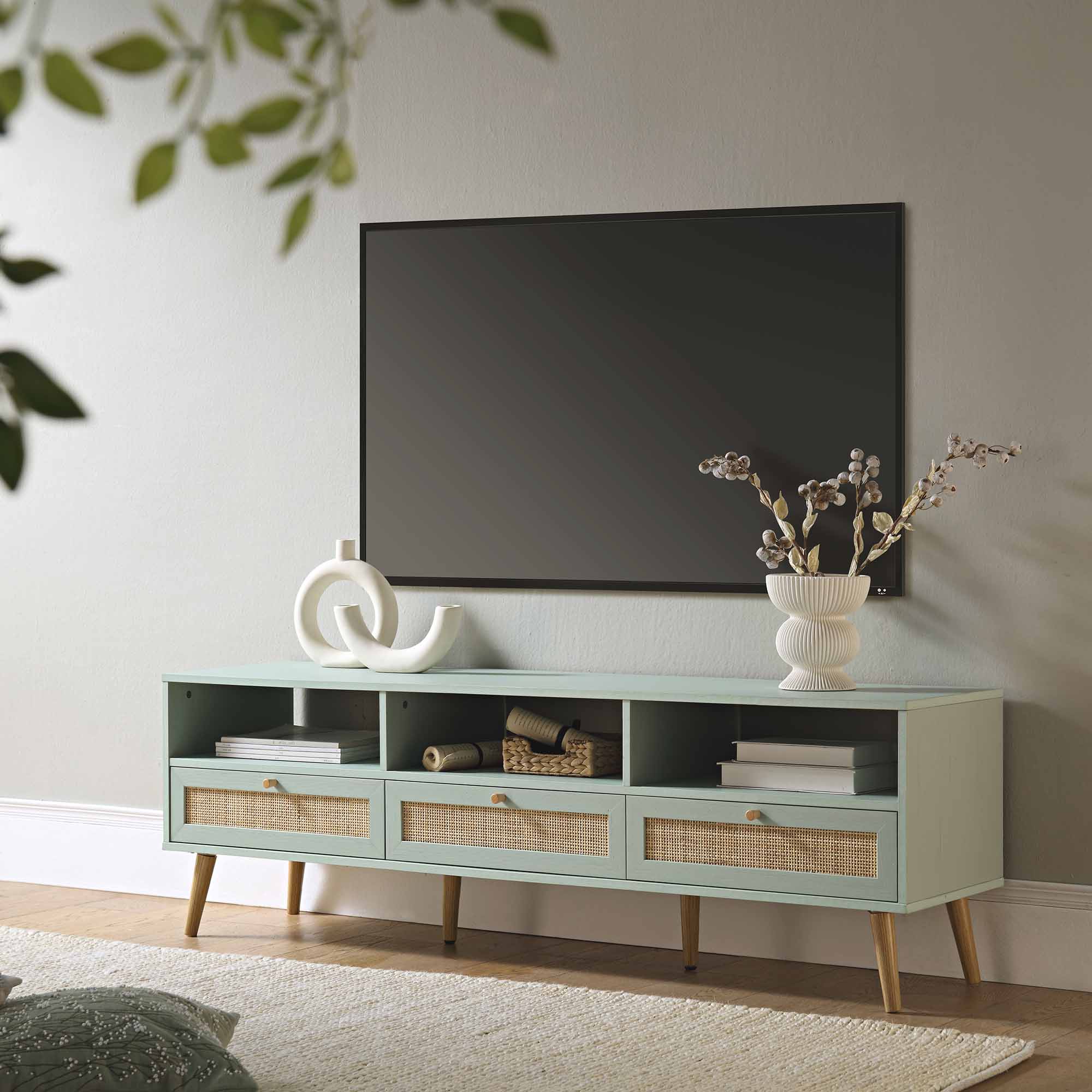 Woven Rattan 63 in. 3-Drawer TV Unit, Mint