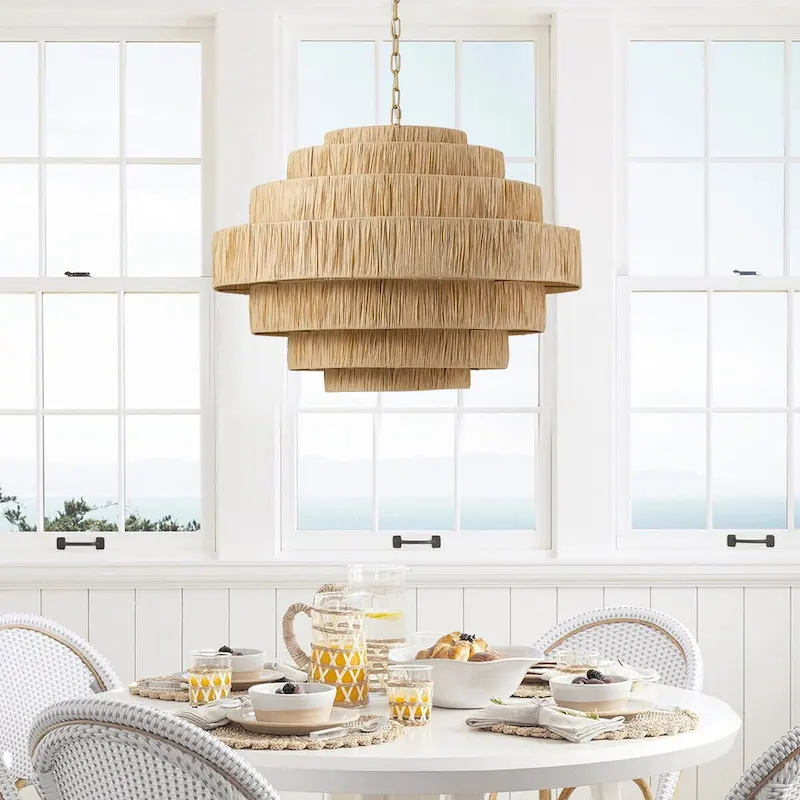 Farmhouse Gold Multi Tiers 5-Light Kitchen Island Pendant Light with Paper Woven Shade