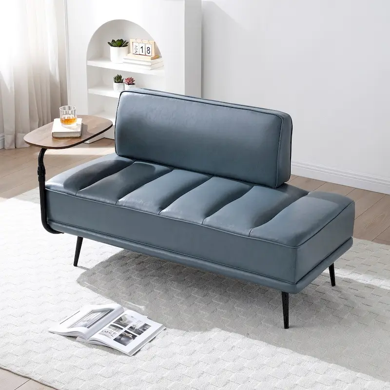 56.3Width End of Bed Bench,Faux Leather Upholstered With side table,360-degree Swivel tray couch,Entryway Ottoman,Metal Legs