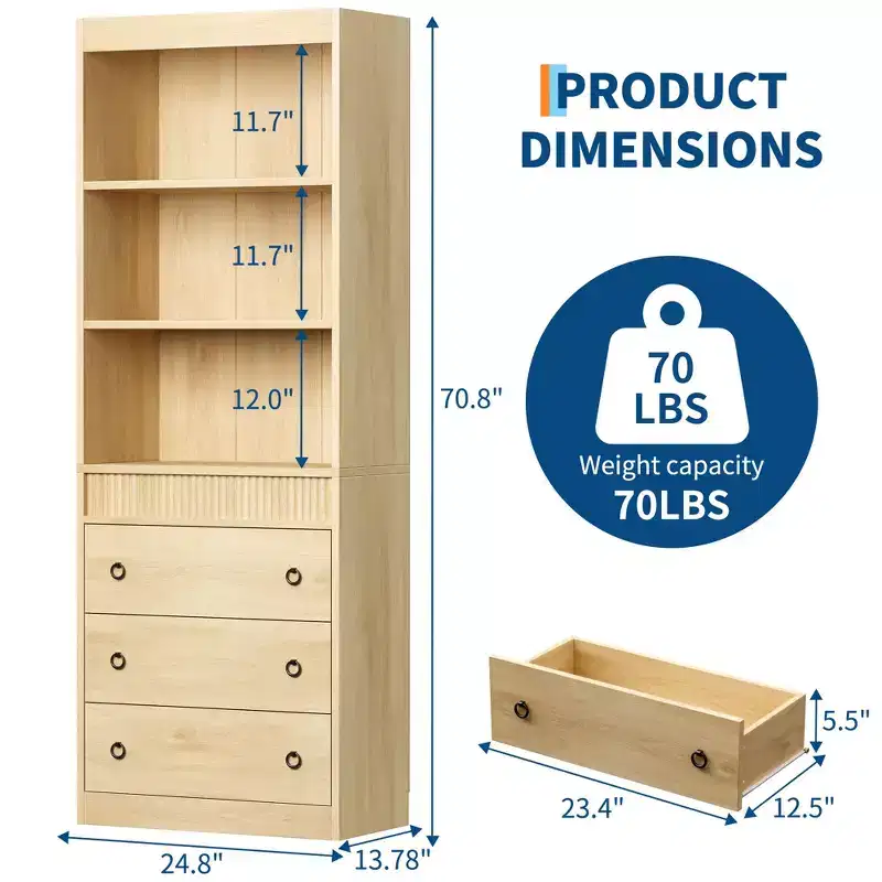 Bookshelf with Drawers 70.8Fluted Bookcase,White Bookshelf 6 Tier Bookcase with Storage,Tall Book Shelf with Waved Design,Storage Cabinet with Shelf