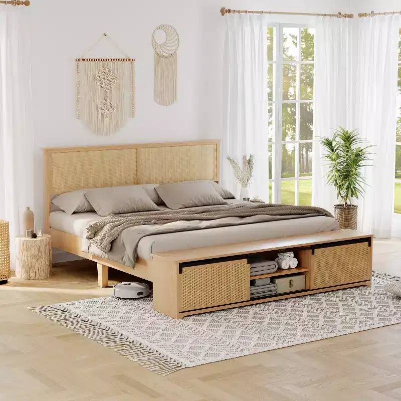 Full Natural Rattan Bed Frame with Sliding Barn Door Storage Cabinets, Boho Farmhouse Wood Platform Bed, Wood Legs Support, Noise-Free Slats
