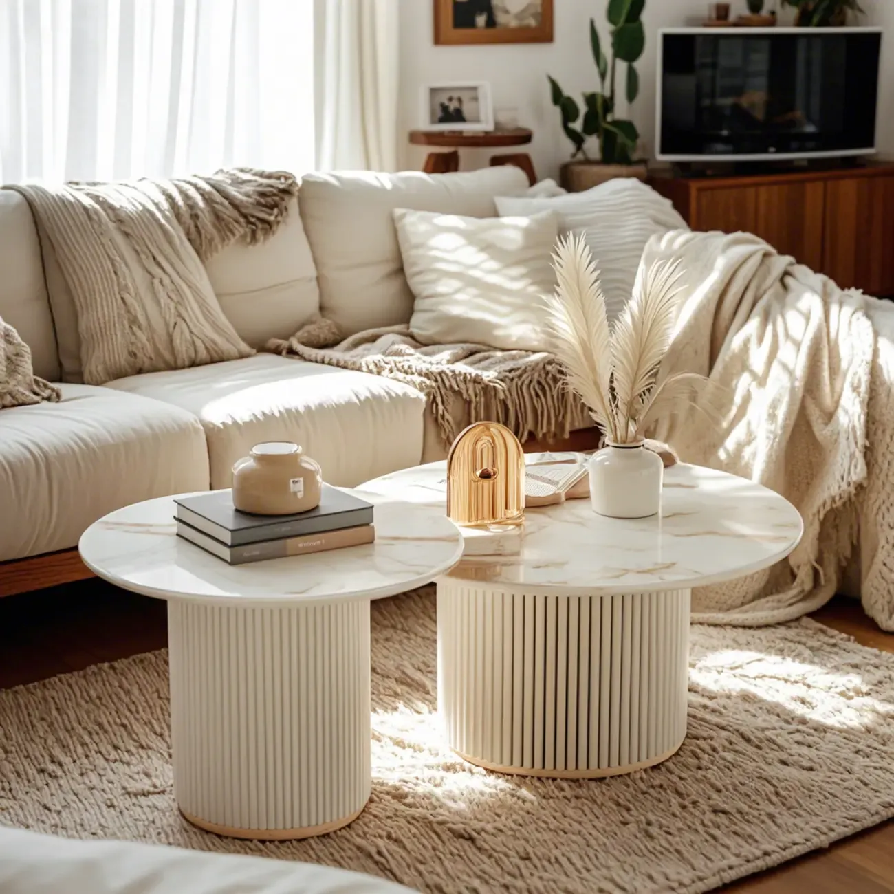 Modern White Nesting Coffee Table Set in Round Design