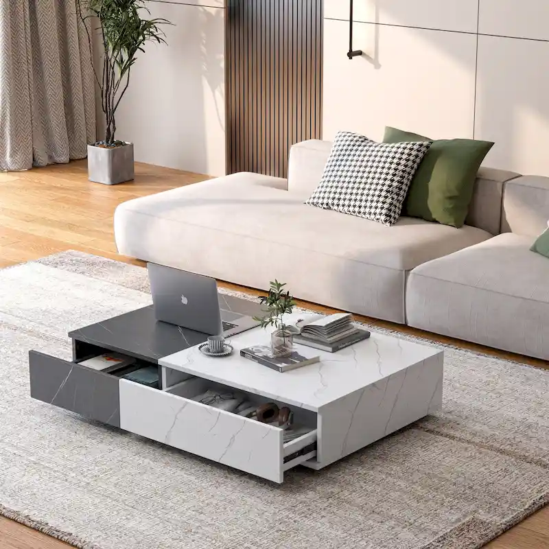 White & Black Marble Finish Coffee Table with 2 Storage Shelves