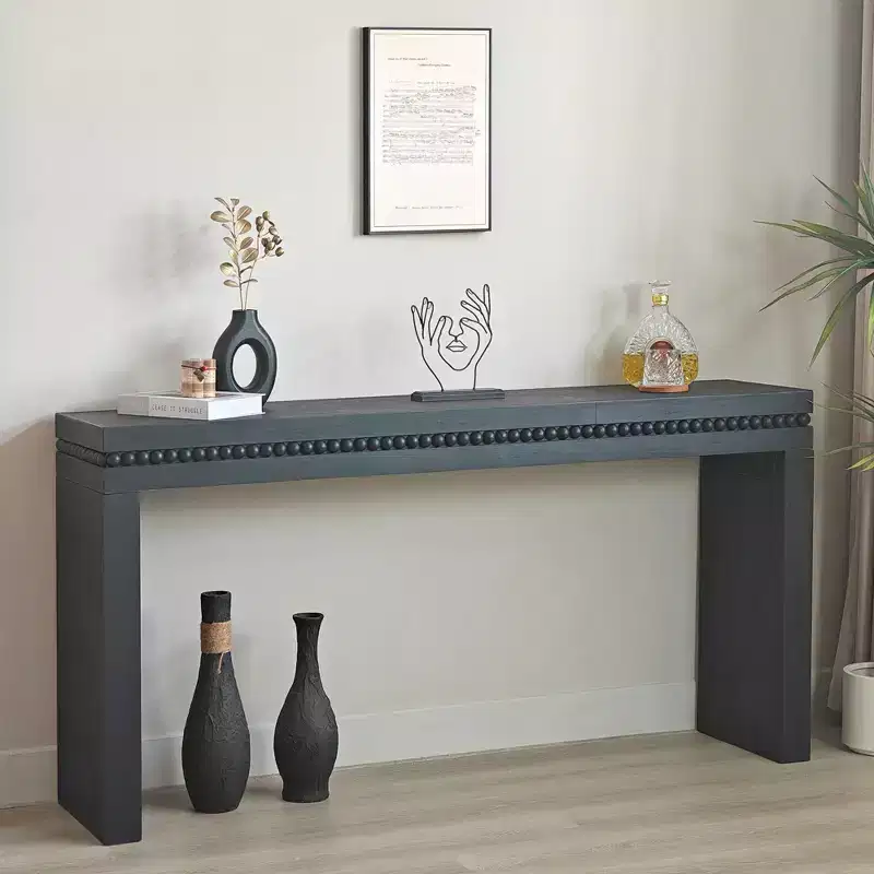 Okak 64IN Elegant Console Table with Decorative Beaded Trim, Entry Table with Thick Tabletop, Hallway Table for Living Room, Entryway