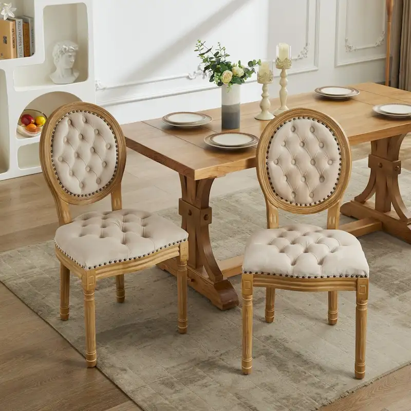 Solid Wood Frame Antique Dining Chair, Hand-Pulled Buckle Decoration Velvet Dining Chair with Nailhead Trim, Set of 2