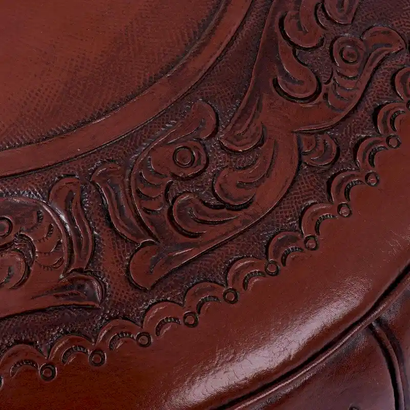 Handmade Spanish Elegance Tooled Leather Ottoman Pouf (Peru)