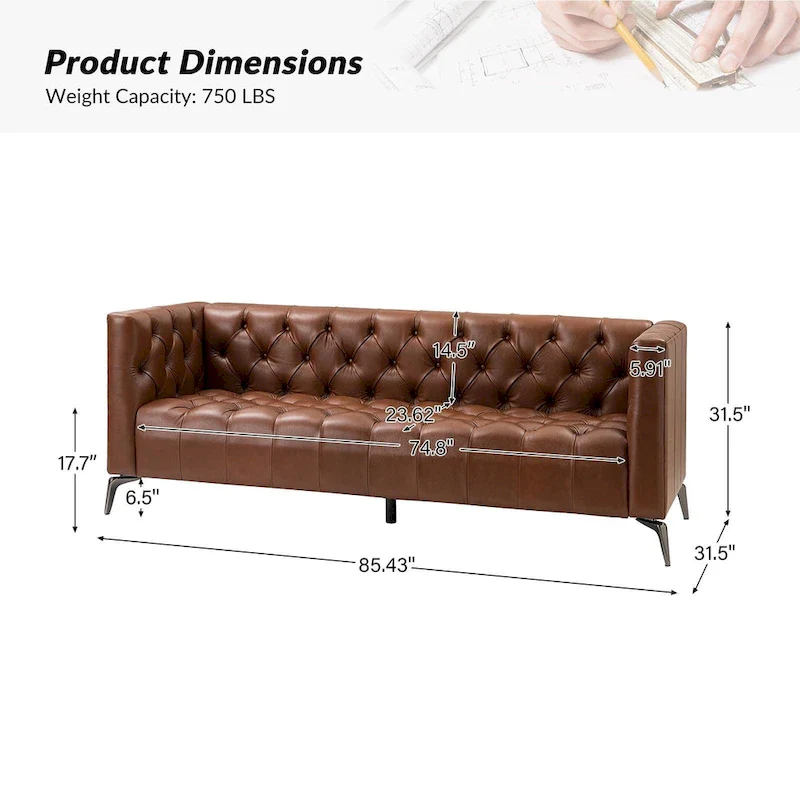 Transitional Genuine Leather Sofa with Metal Legs and Tufted Back