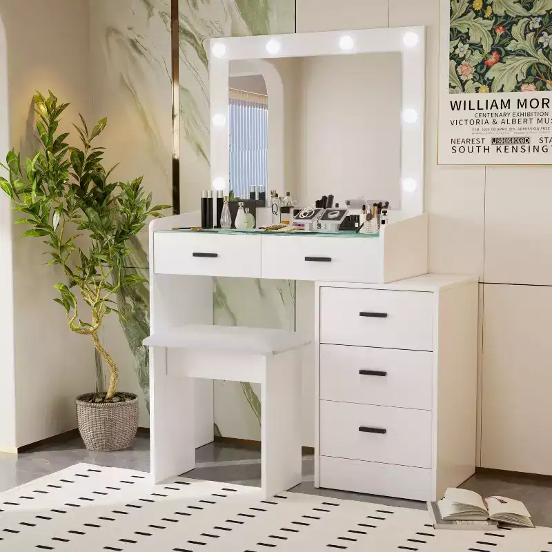 Okak Makeup Vanity with Large Mirror and 5 Drawers, Vanity Desk with Cushion Stool, Dressing Table for Living Room, Bedroom, Dressing Room, White