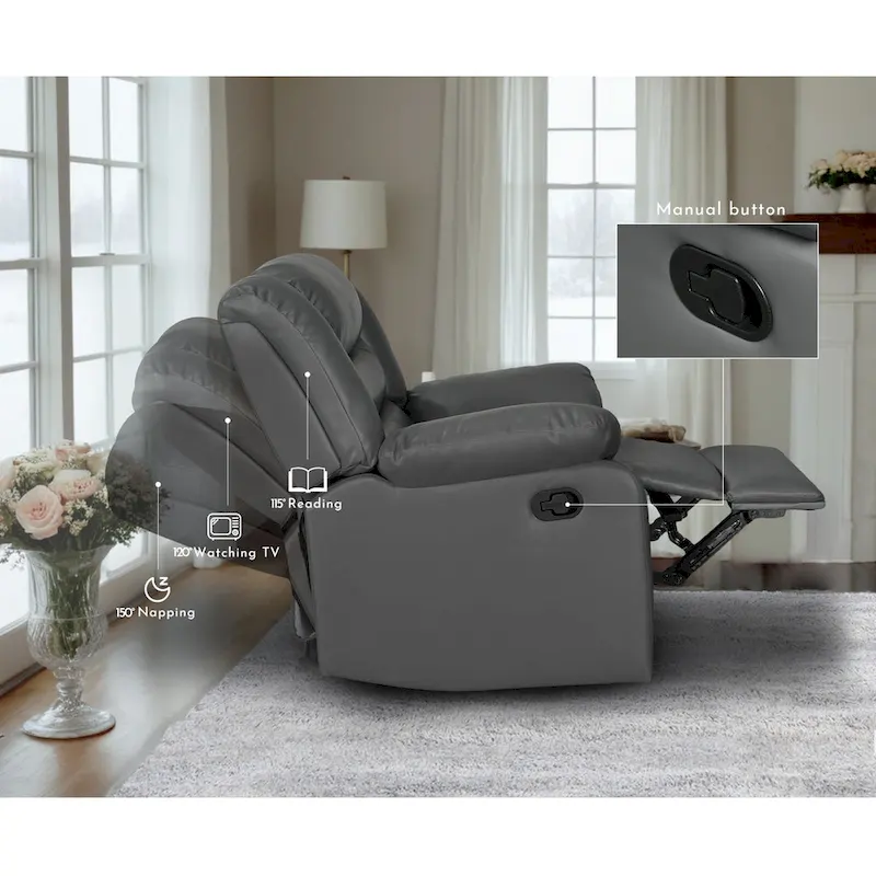 Faux Leather Manual Reclining Living Room Sofa with Dropdown Table and Console