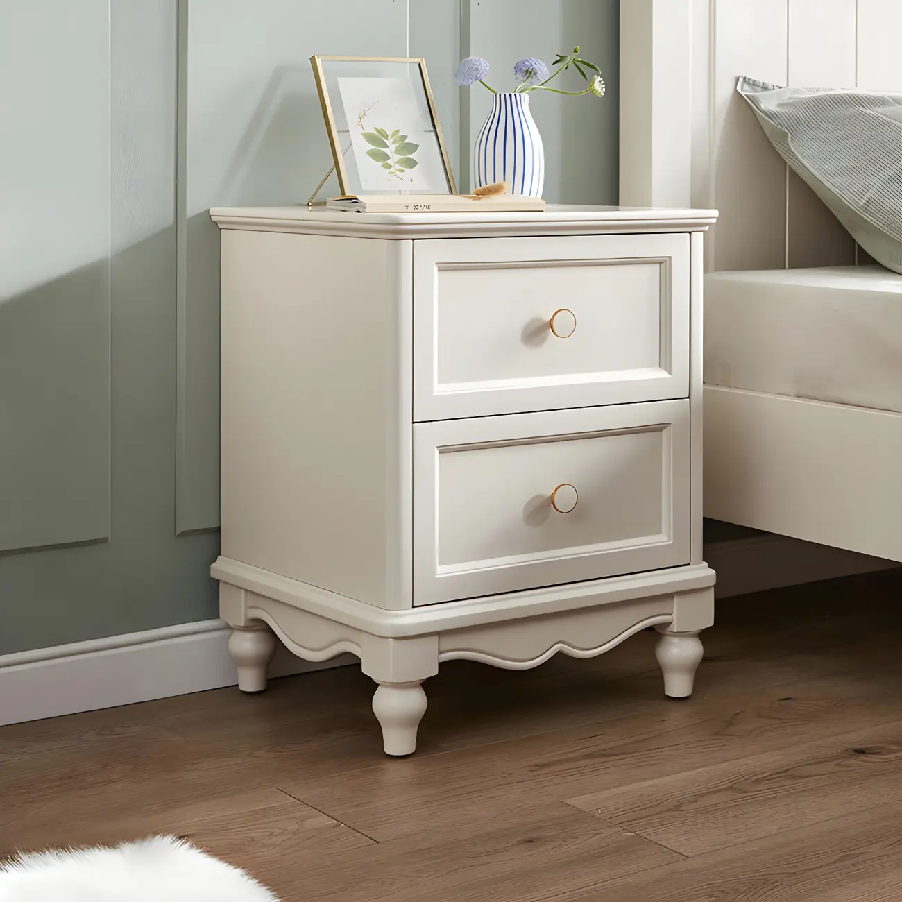 French 2-Layer White Wood Bedroom Nightstand