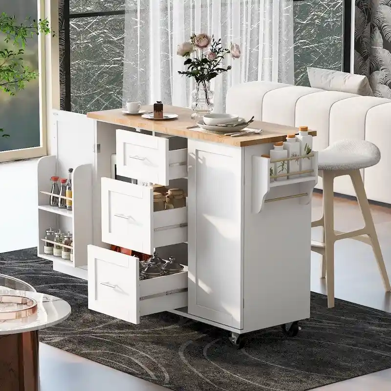 50 in. W Kitchen Island Rubberwood Top on 5 Wheels with 3 Drawers and 2 Slide-Out Shelf