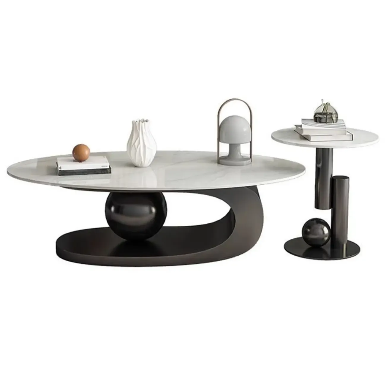 Modern Light Luxury White Oval Coffee Table with Metal Base