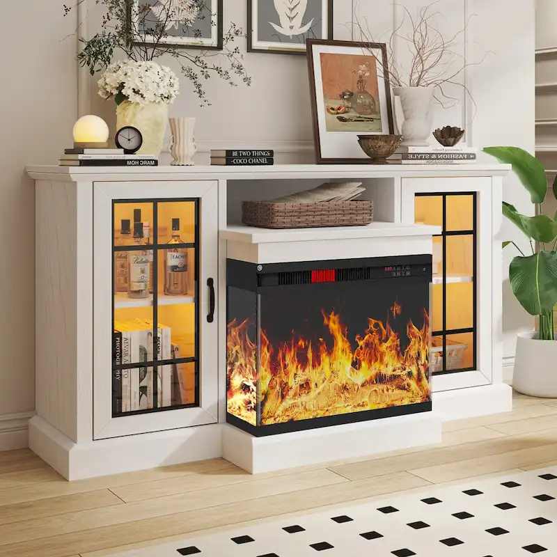 White / Grey Farmhouse TV Stand with 3-Sided Glass Electric Fireplace - Single Use