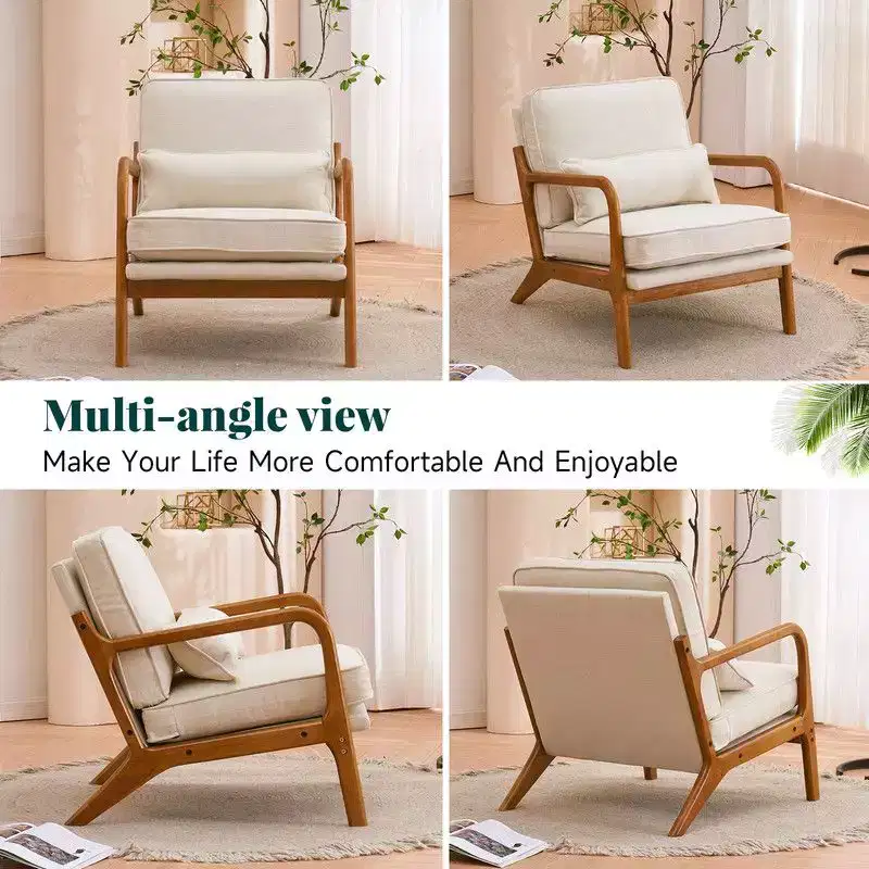 Karl Home 2Pcs Mid Century Solid Wood Accent Chair Upholstered Armchair with an Extra Pillow