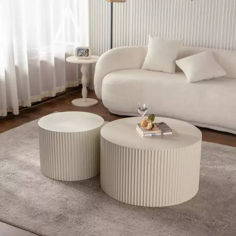 Round Wood Coffee Table with Handcrafted Relief Design for Small Spaces, No Assembly Required