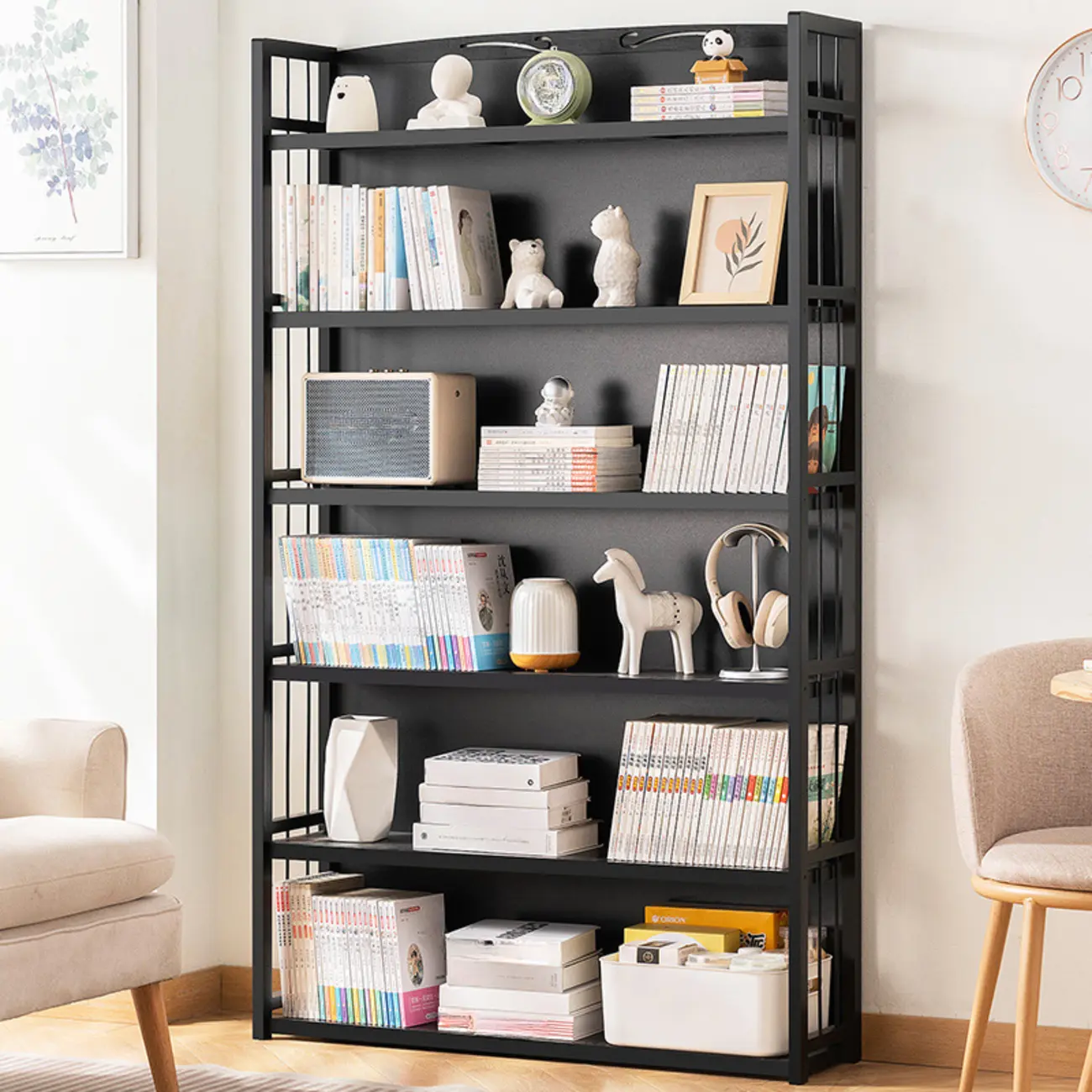Premium Bamboo Modern Black 5-Shelf Open Bookshelf