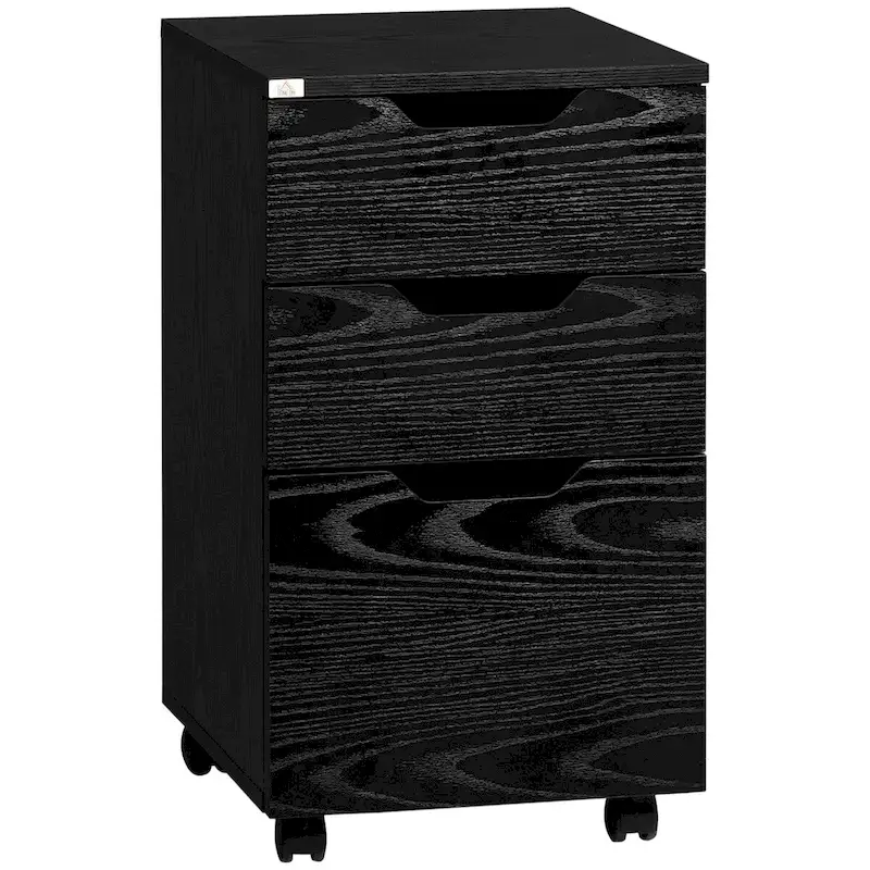 3 Drawer Office Storage Cabinet, Under Desk Cabinet with Wheels, Black Wood Grain