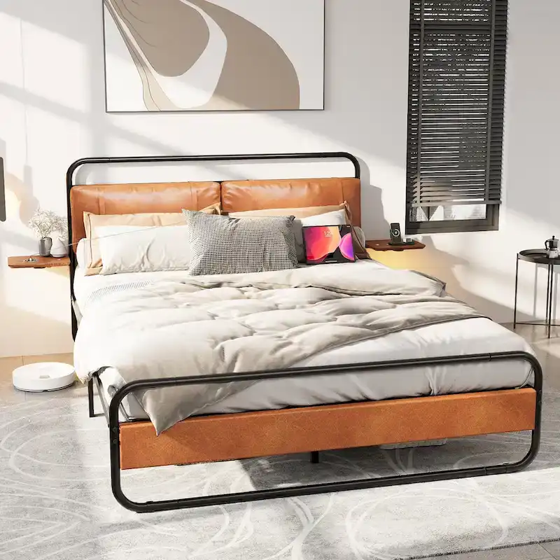 Metal Bed Frame with Upholstered Headboard, Wireless Charging and USB A & USB C & LED Light