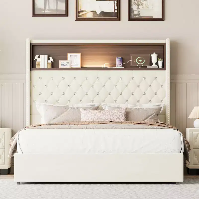 Full/Queen Size Velvet Tufted Platform Bed Frame with USB Port and Night Light, Wing-back Platform Bed with Rivet Decoration Headboard and Shelf