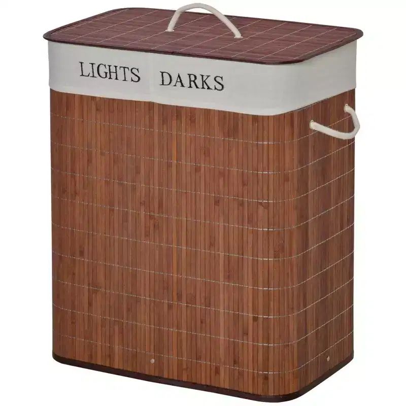 Double Laundry Hamper with Lid Bamboo Frame Two-Section Sorter 26.4 Gallon