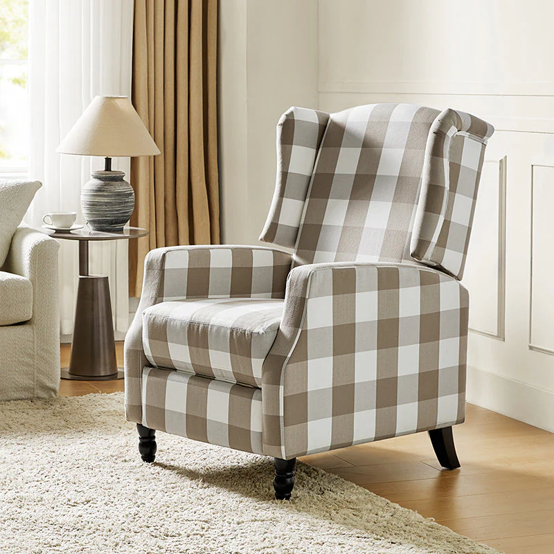 Patterned Wingback Push-Back Recliner Chair with Foam Seat, 2-Position Lock & Birch Wood Legs | Black / Navy / Red / Garden / Indigo / Beige / Bird | Single Seat
