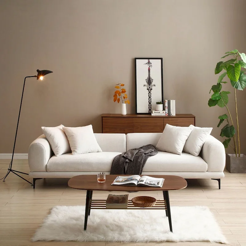 Fabric Sofa with Recessed Arms & Metal Legs – Blue / Beige, Mid-Century Modern, Seats 4