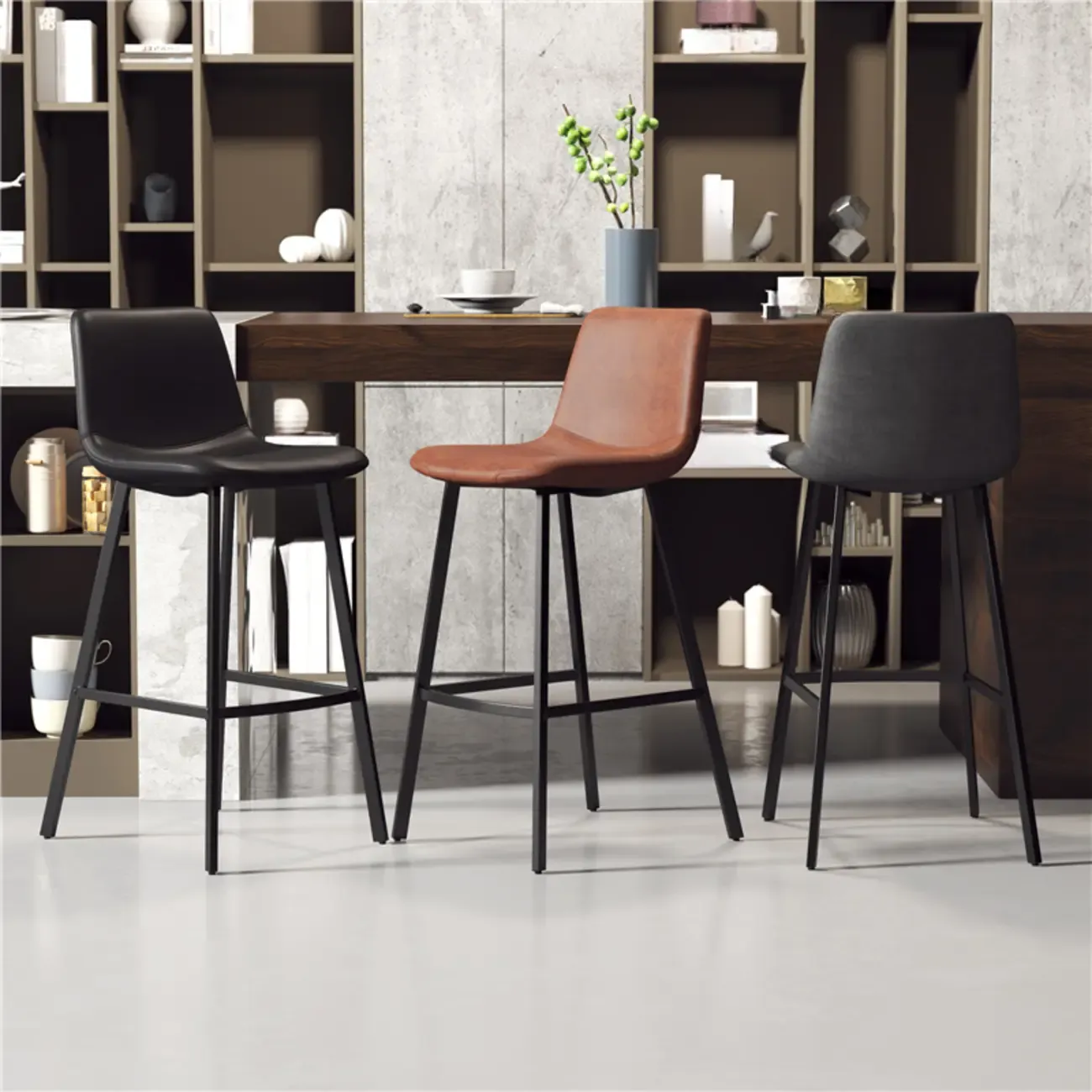 Scandinavian Leather Black Frame Bar Stool