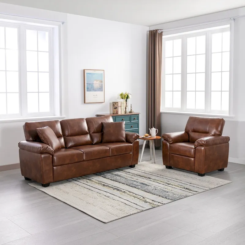 Morden Fort Upholstered Living Room Set, 2 Pieces, Faux Leather Chair, Sofa