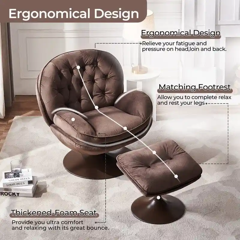 Velvet Swivel Accent Chair with Ottoman Round Reading Accent Chair Foot Stool Ottoman Set,360 Swivel,Metal Frame