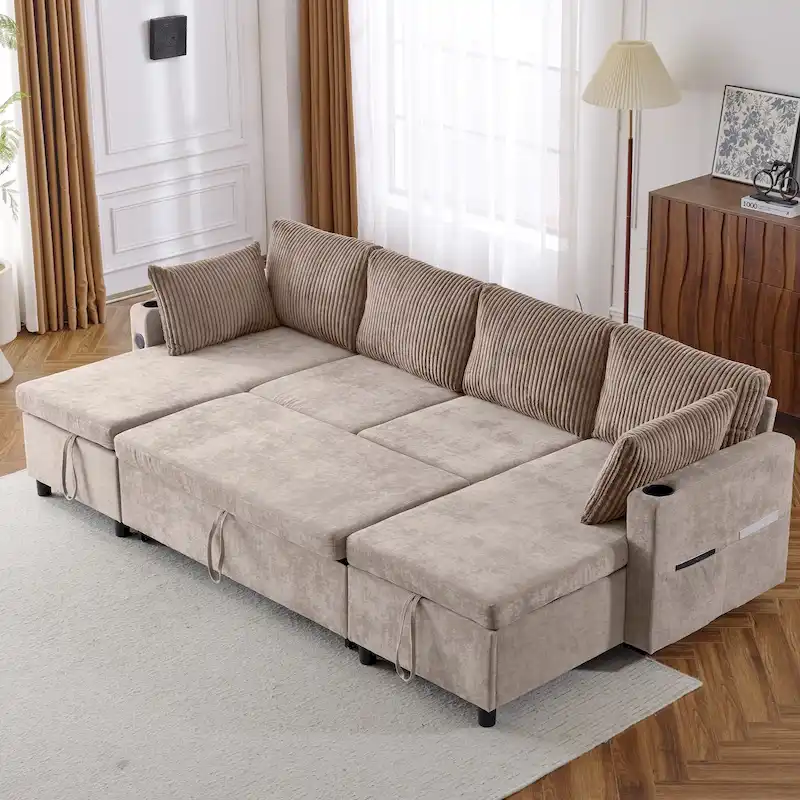 Brown / Beige / Grey Sectional Sofa Bed with Dual Chaise Storage, 2 USB Ports & Cup Holders – Seats 4–5