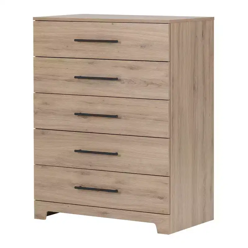 South Shore Primo 5 Drawer Chest Rustic Oak: Vertical Storage, Particle Board Frame, Anti-Tip Hardware