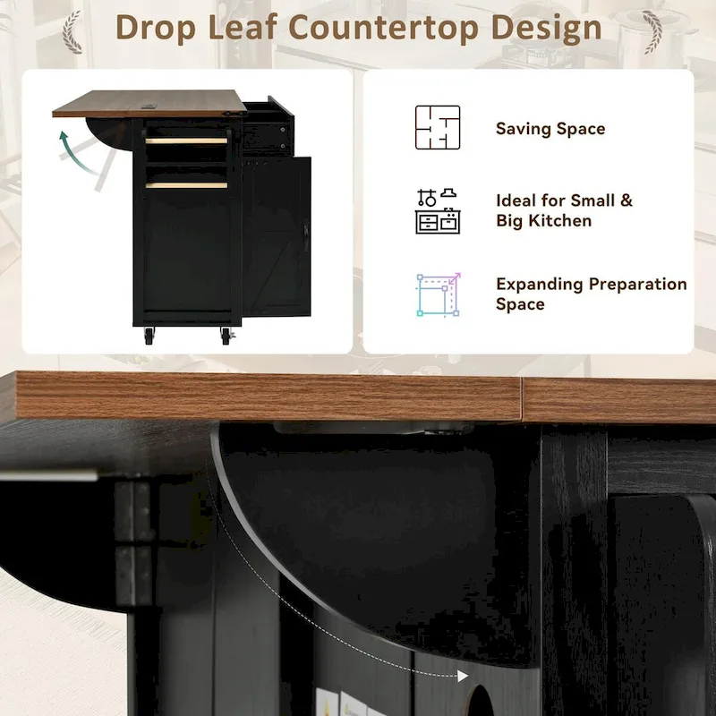 53.5 Farmhouse Kitchen Island Cart with Power Outlet, Drop Leaf, Spice Rack, and 2 Drawers, 5 Wheels
