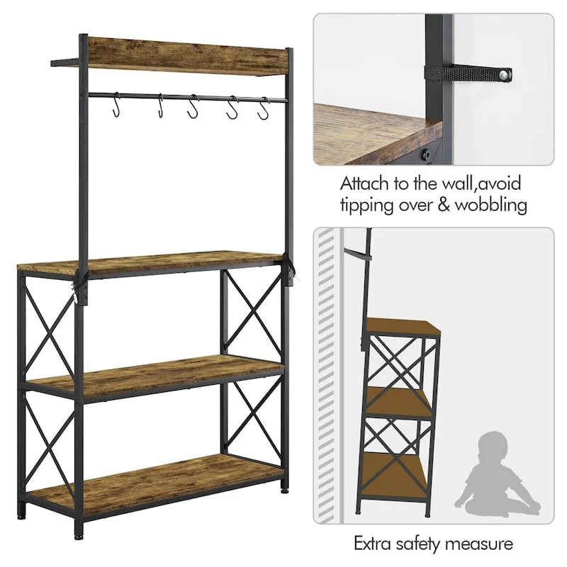 Rustic Brown / Grey Industrial 4-Tier Kitchen Baker's Rack with Hooks