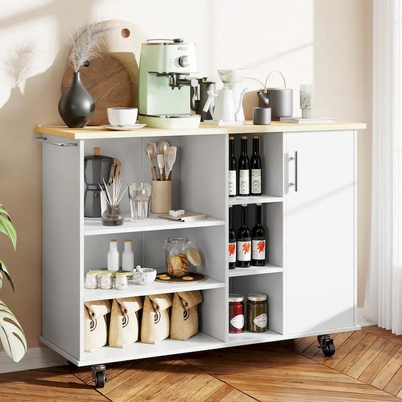 47W Kitchen Storage Island Cart with 6 Open Shelves and 1 Cabinet