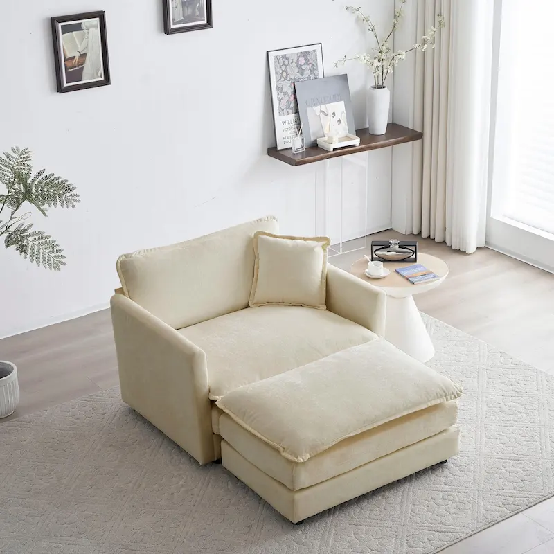 Beige Chenille Single Sofa Chair with Ottoman & Double Cushion – Single