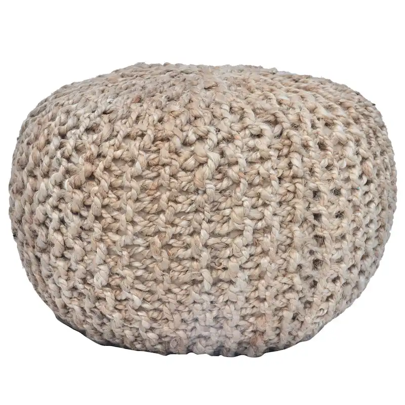 Tan Round Woven Jute Pouf, Single Seat