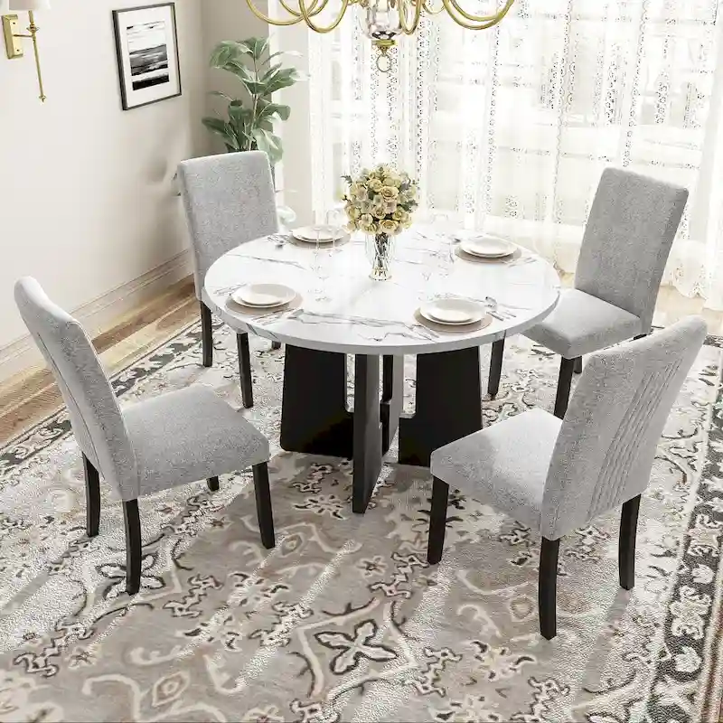 5 Piece Kitchen Table and Chairs Set, 4 People Round Dining Table Set, 4 Upholstered Chairs with Rubber Wood Legs